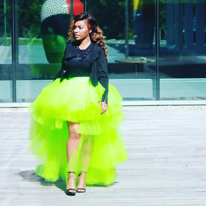 Chic Neon Green High Low Women Skirts 2020 Puffy Ruffles Tiered Long Tulle Skirt Party Custom Elastic - Skirts AliExpress