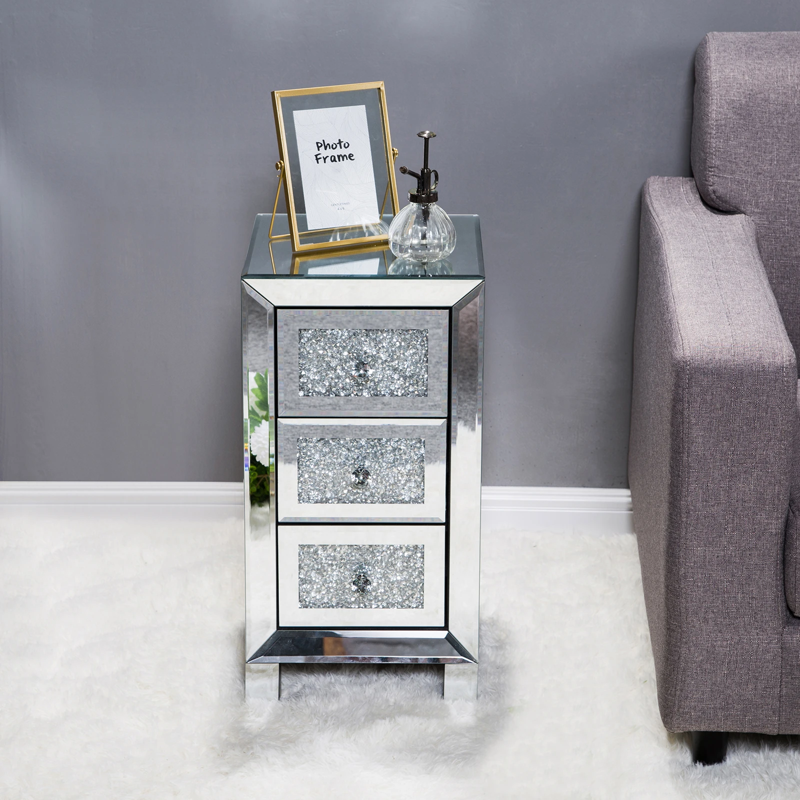 (30 x 30 60)cm Modern and Contemporary Mirror Surface With Diamond 3-Drawers Bedside Table Nightstand Side for Bedroom | Мебель