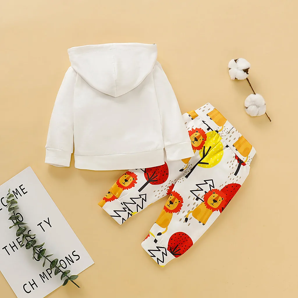 Хлопковый свитер с капюшоном и рисунком льва; топы для новорожденных; одежда для маленьких мальчиков; зимний свитер; штаны на завязках; одежда для маленьких мальчиков