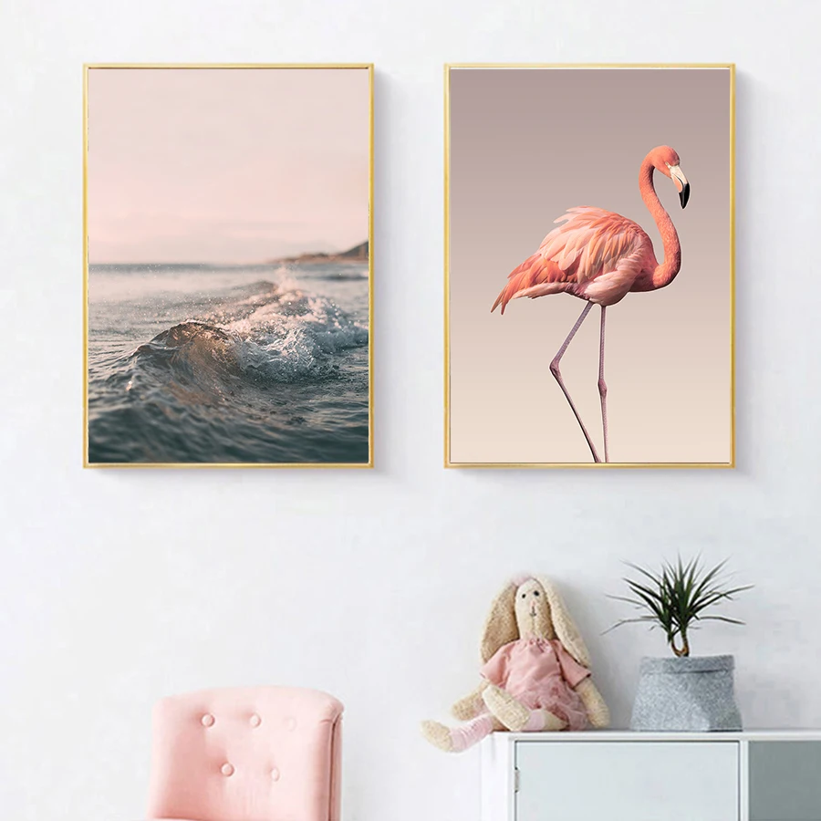 Розовое панно из пяти элементов цветы Фламинго печать картина для жизни художественный Декор Северная Настенная картина холст живопись современный дом Поп Арт Фреска