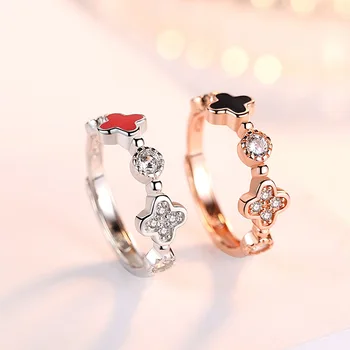 

EQ009 hot selling web celebrity sparkle beautiful four-leaf clover opening adjustable ring 2020