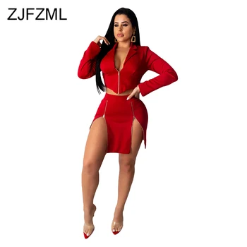 

Plus Size 2 Piece Matching Set Female Clothes Notched Long Sleeve Crop Top And Front High Split Bodycon Mini Skirt Club Outfits