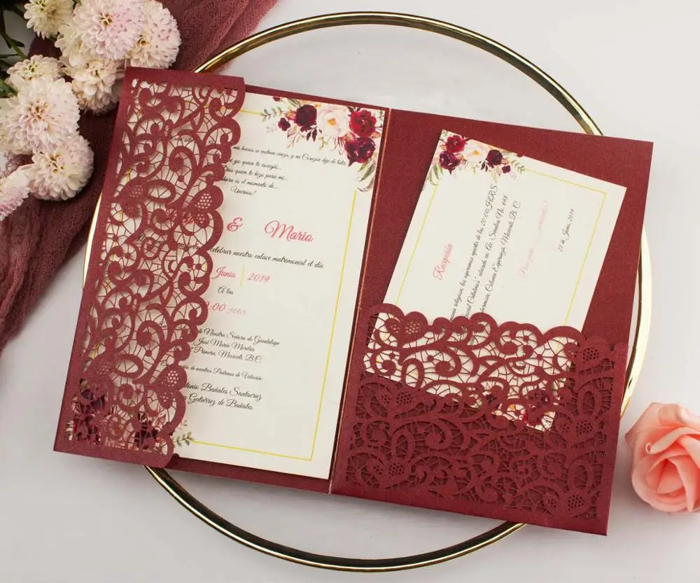 Burgundy Navy Blue Rose Gold Vine Vantage Tri-fold Shinny Glitter Paper Laser Cut Pocket Wedding Invitation Cards Envelope 1pcs