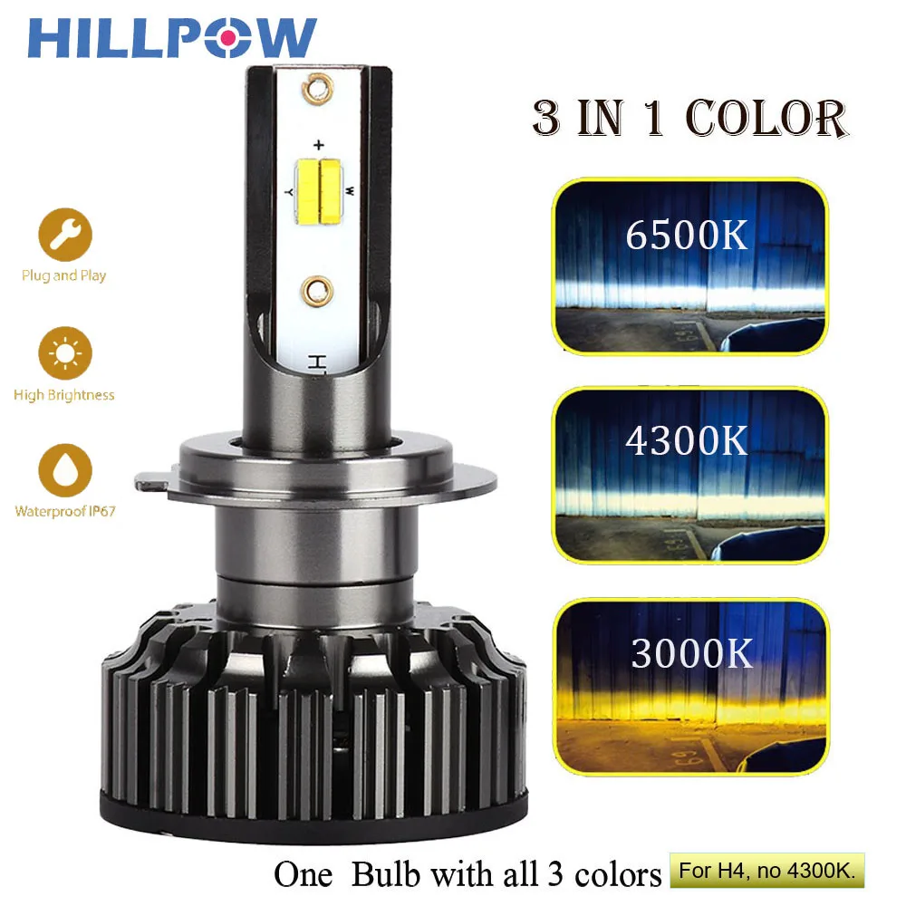 Автомобильные фары Hillpow H4 светодиодный H7 H11 H8 HB4 H1 H3 HB3 3 в 1 72 Вт 3000 лм автомобильный