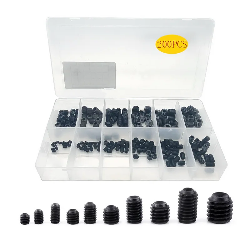 

200Pcs/box Metric Thread Black Carbon Steel M3 M4 M5 M6 M8 M10 Hexagon Grub Screws Box Packing Set Screw Sets