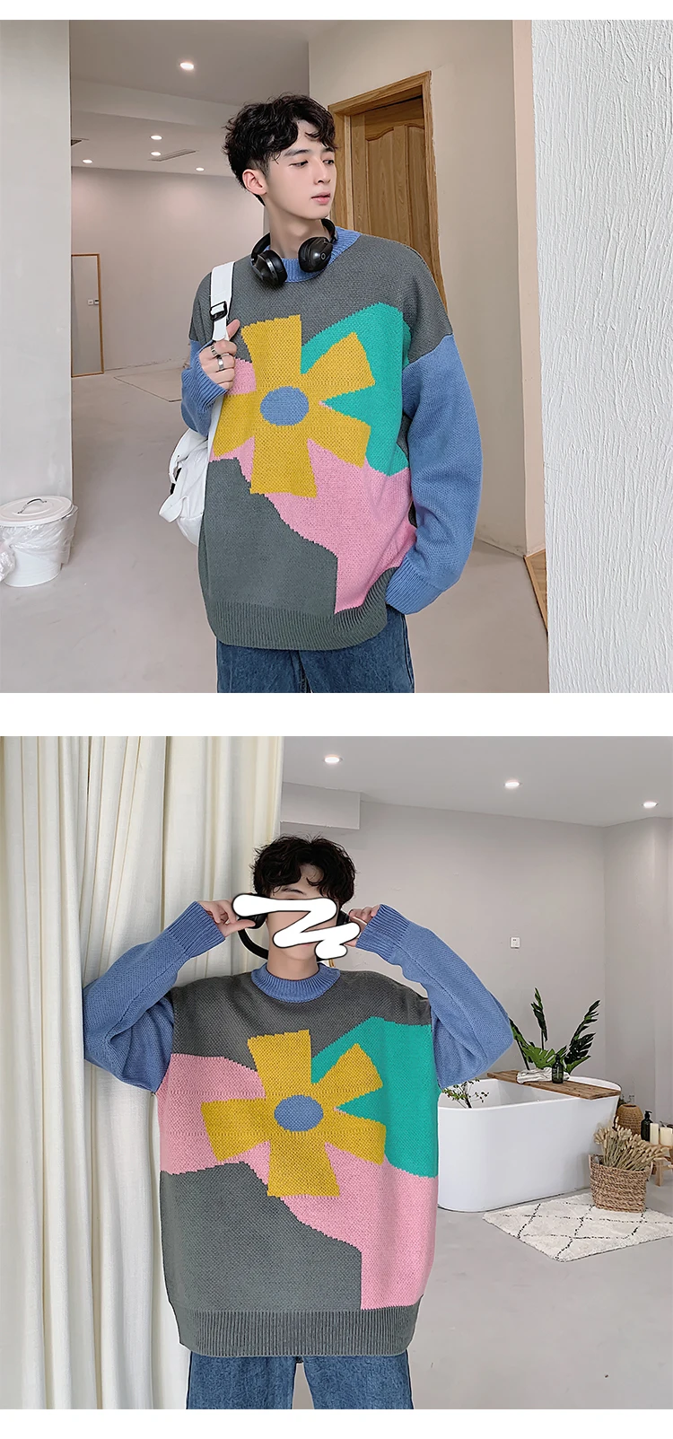 Мужские модные кашемировые теплые вязаные пальто с круглым вырезом и цветочным принтом и длинными рукавами шерстяной пуловер Повседневный свободный свитер
