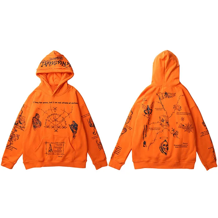 Хип хоп Толстовка Мужская Уличная череп граффити Печать Толстовка Пуловер хлопок осень серый Harajuku одежда в стиле Панк Новинка - Цвет: B10W116 Orange