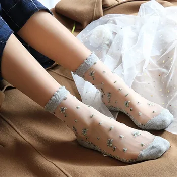 

5 Pairs Summer Spring Short Soft Crystal Silk Women Socks Cute Elastic Rose Flower Lace Fashion Transparent Girls Ultra Thin