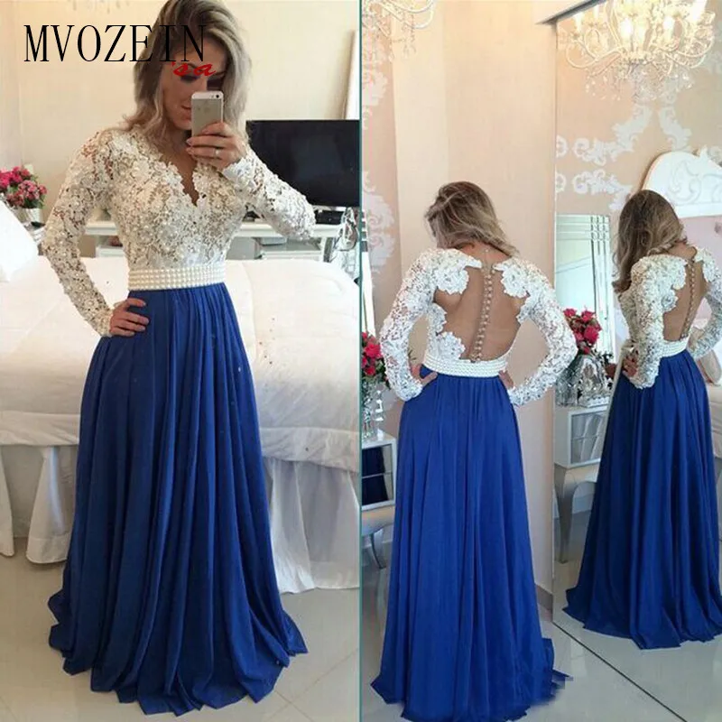 Royal Blue Long Sleeve Evening Dresses Party Plus Size Lace Ladies Women Prom Formal Dresses Evening Gown