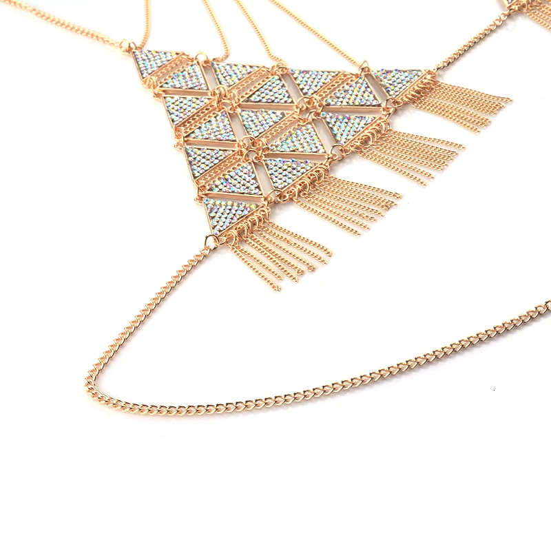 Boho модные роскошные стразы треугольные аксессуары цепочка с кисточками Жгут Бюстгальтер цепь для женщин ювелирные изделия сексуальное бикини металлическая цепочка на тело