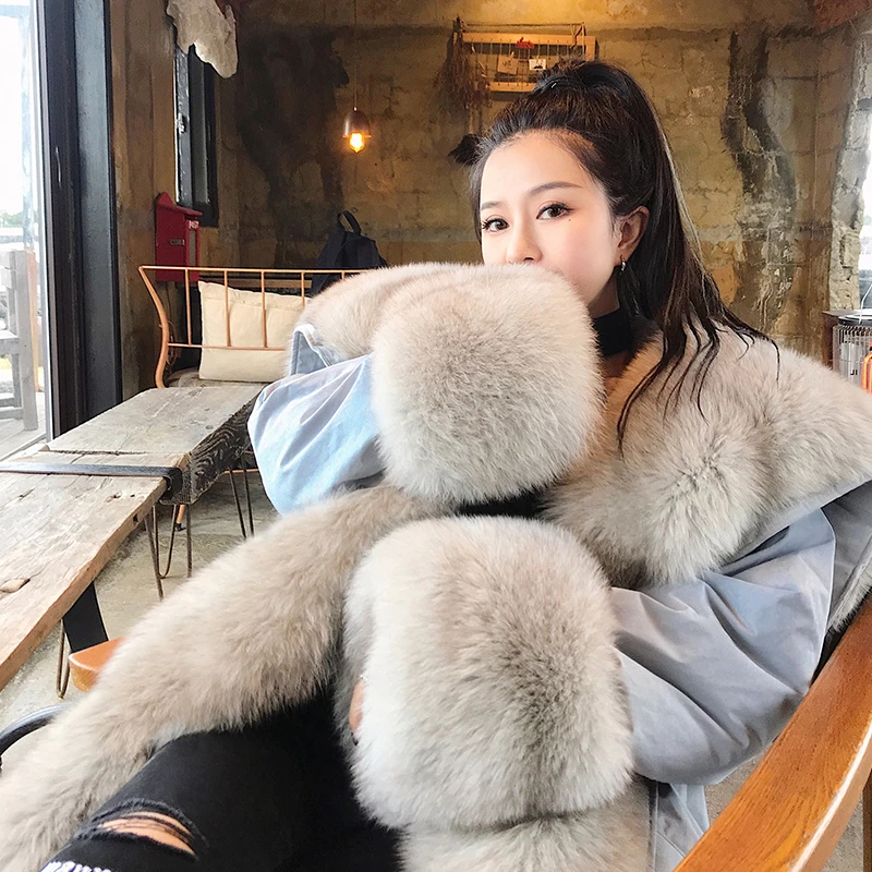 blue with grey fur Rf1941 роскошная женская Настоящая меховая парка с подкладкой, съемный высокий уличный супер большой меховой воротник, натуральный мех, пальто, зимняя куртка - Цвет: blue with grey fur
