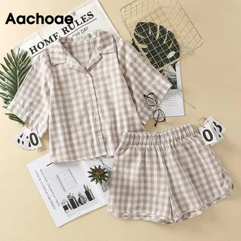 

Aachoae Women Fashion Plaid 2 Piece Set Turn Down Collar Blouse Top With Elastic Waist Shorts Holiday Casual Two Piece Outfits