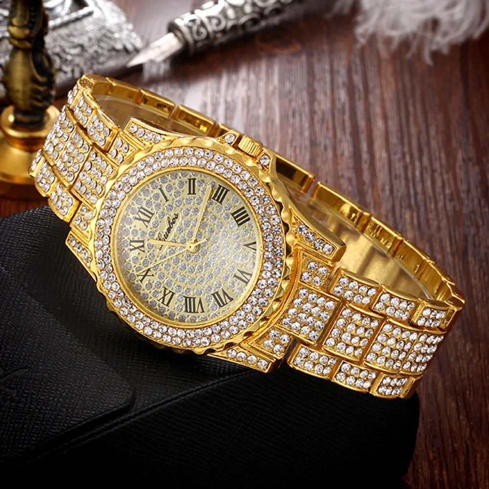 Iced Out Watch + Bracelet for Women Bling Miami Cuban Chain Simple Women Watches Luxury Gold Watch Set Fashion Jewelry Relojes