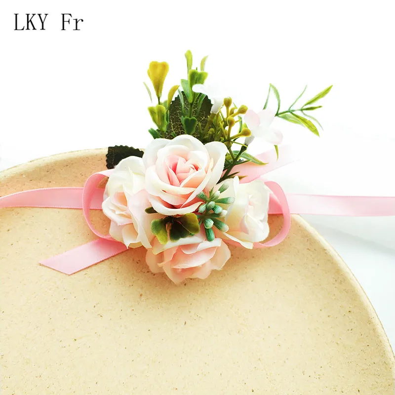 LKY Fr Wedding Boutonniere Groom Brooch Flowers Artificial Roses Bracelet for Bride Corsage Pins Marriage Wedding Men Buttonhole