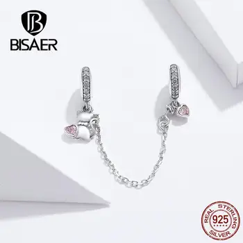 

BISAER Real 925 Sterling Silver Heart Lock and Love Key Chain Stopper Charm Beads fit Charm Bracelet Silver 925 Jewelry GXC1233