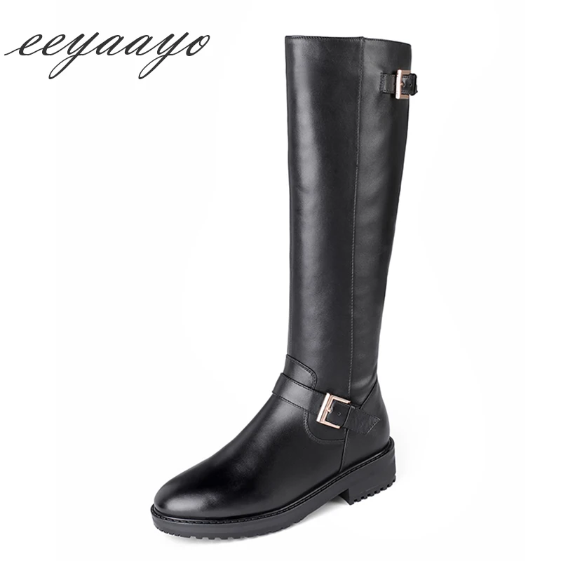 New Genuine Leather Winter Women Knee-High Boots Middle Heel Round Toe Zipper Fashion Women Shoes Black Motorcycle Boots