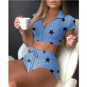 

Womens Star Print Clothing V-neck Zipper Crop Tops Shorts Set Two Piece Sets Casual Women Suits Streetwear Femme Chic Tracksuits