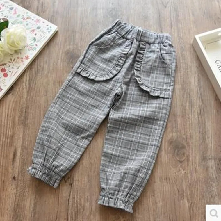 New Style Girls British Style Plaid Korean-style Frilled Closing Foot Elastic Casual Trousers Slim-Fit Pants Y0079