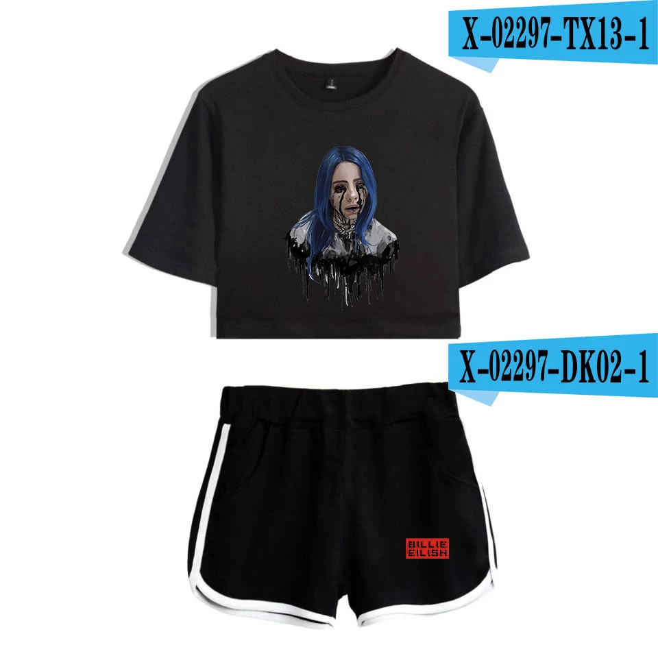As Picture Popular new to Billie Eilish black short belly button T-shirt+ white shorts fashion women casual cotton girl two-piece - Цвет: As Picture