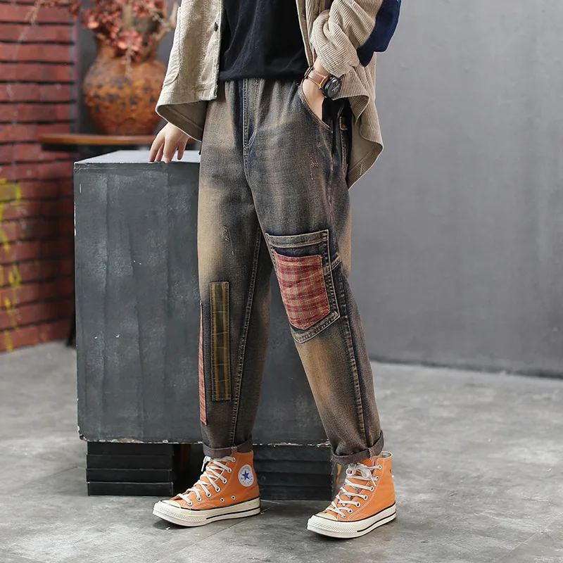 Синий Женские джинсы весна осень Ретро свободные джинсы женский эластичный пояс панелями карман лоскутное повседневные брюки - Цвет: Синий