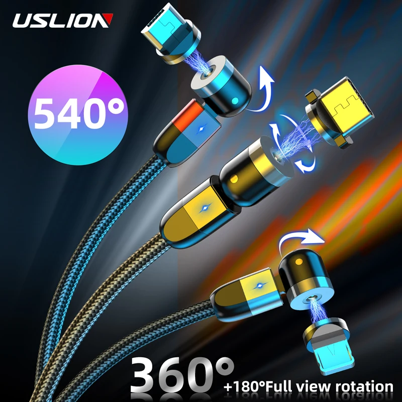 Магнитный usb-кабель USLION, кабель для быстрой зарядки типа C, Магнитный зарядный кабель Micro USB для мобильного телефона, USB шнур, новинка, вращение на 360 °+ 180 °