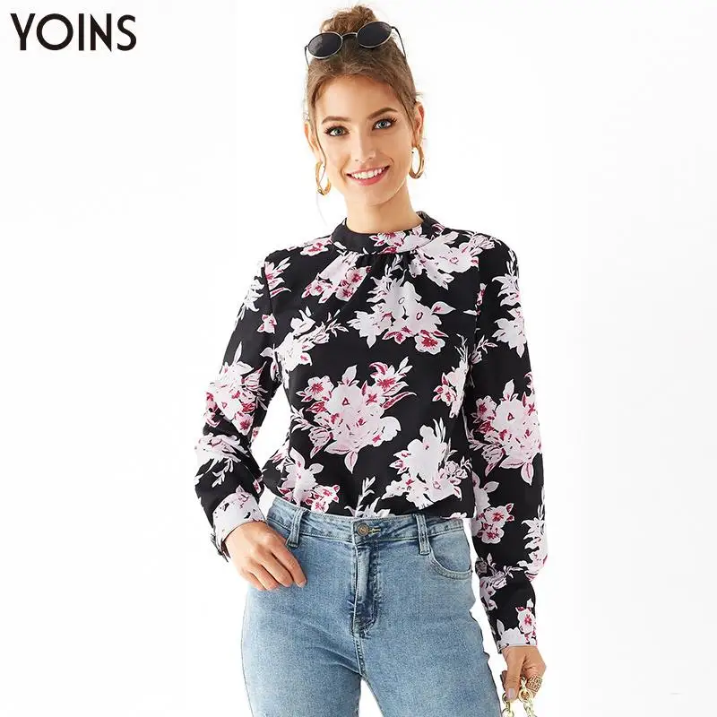 

YOINS 2019 Spring Autumn Winter Blouses And Shirts Floral Print Stand Collar Button Keyhole Back Long Sleeves Regular Blouse OL