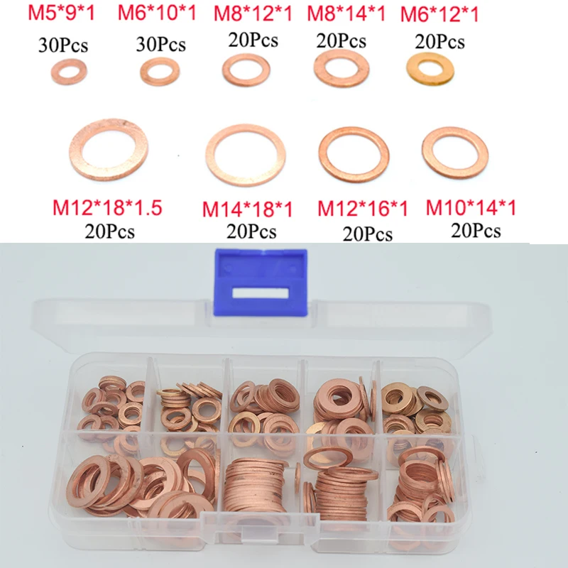 200 шт медная шайба прокладка гайка и набор болтов плоское кольцо уплотнение Ассортимент Комплект с коробкой M5/M6/M8/M10/M12/M14 для отстойных пробок воды