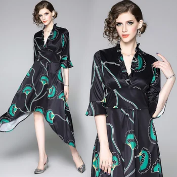 

Simgent Asymmetrical Dress 2020 New Summer Flare Sleeve V-Neck Printing Ruffles Dress Vestidso Female SG0032725
