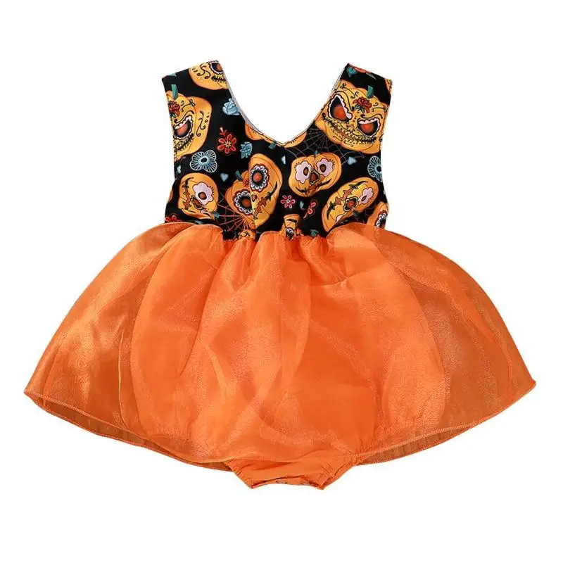 Для девочек на Хэллоуин с принтом тыквы комбинезон без рукавов трикотажный летний модный оранжевый полиэстер волокно V шеи принцесса