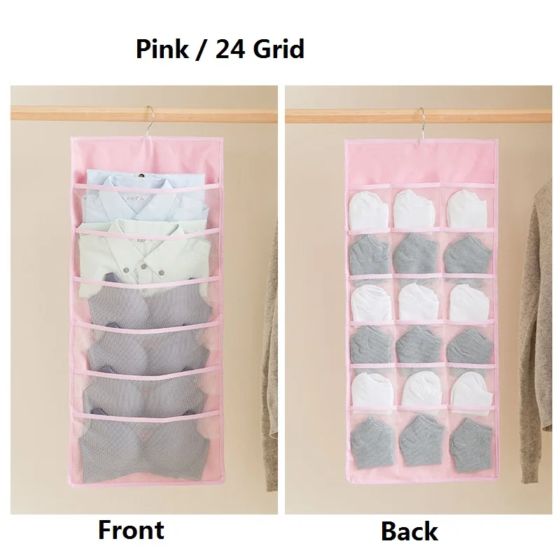 Pink 24 grid 1Piece 1 шт. висячая сумка Носки Бюстгальтер органайзер для хранения нижнего белья складная двухсторонняя сумка для хранения вешалка для шкафа для Одежды Органайзер - Цвет: Pink 24 grid 1Piece