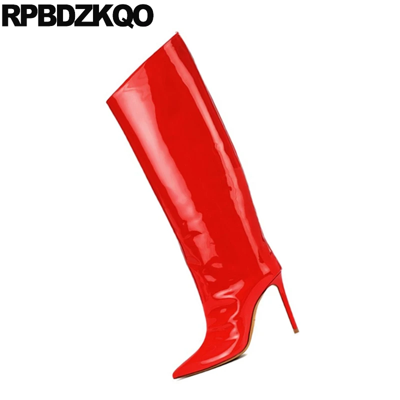 stiletto stripper red 13 45 exotic dancer wide calf 12 44 fetish women knee high heel shoes big size side zip boots pointed toe
