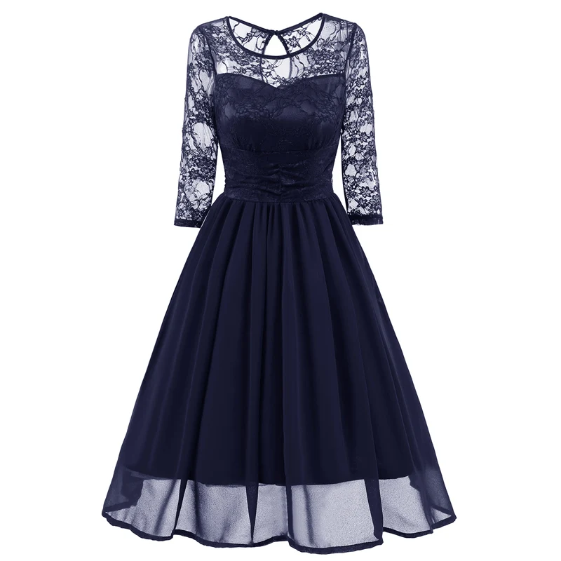 Dark Blue Vestidos de Fiesta вечернее платье с круглым вырезом бордовое кружевное платье с иллюзией ТРАПЕЦИЕВИДНОЕ элегантное женское платье de Soiree DN-1581 - Цвет: Dark Blue