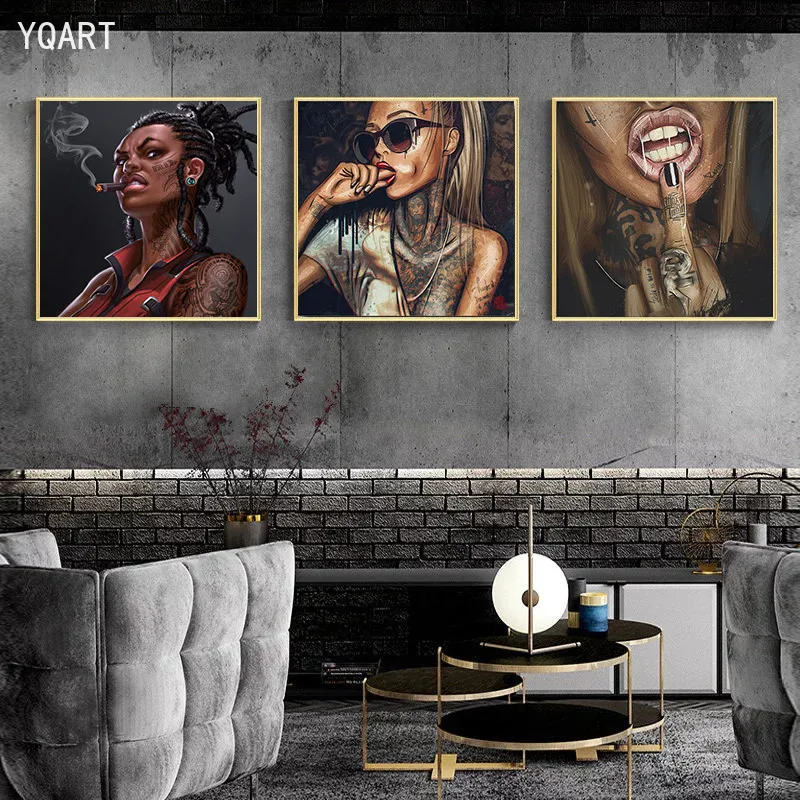 

Abstract Cool Sexy Girl Tattoo Canvas Paintings on The Wall Women Portrait Posters Prints Wall Art Picture for Modern Home Decor