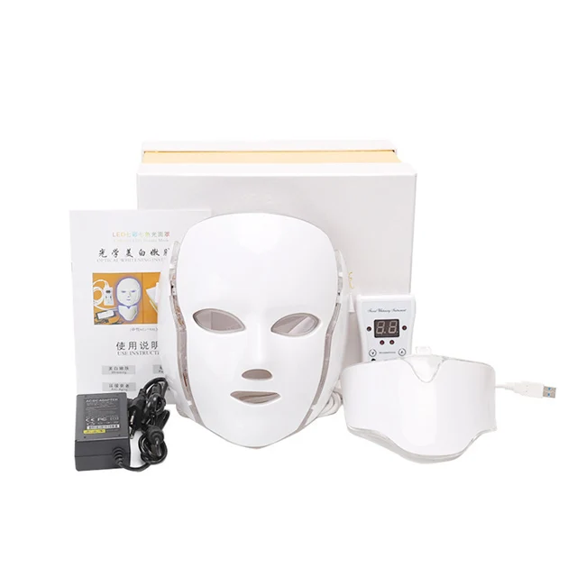 EU Plug with box Светодиодная маска для лица, 7 цветов, светодиодная Корейская фотонотерапия, маска для лица, машинный светильник, маска для лечения акне, маска для красоты шеи, светодиодная маска для ухода за кожей - Цвет: EU Plug with box
