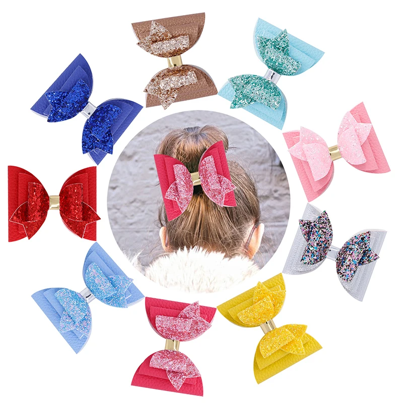9pcs/set Leather Glitter Kids Hair Bows Clips for Girls Hairpins Barrettes Three Layers Dovetail Bow Headwear Accessories |