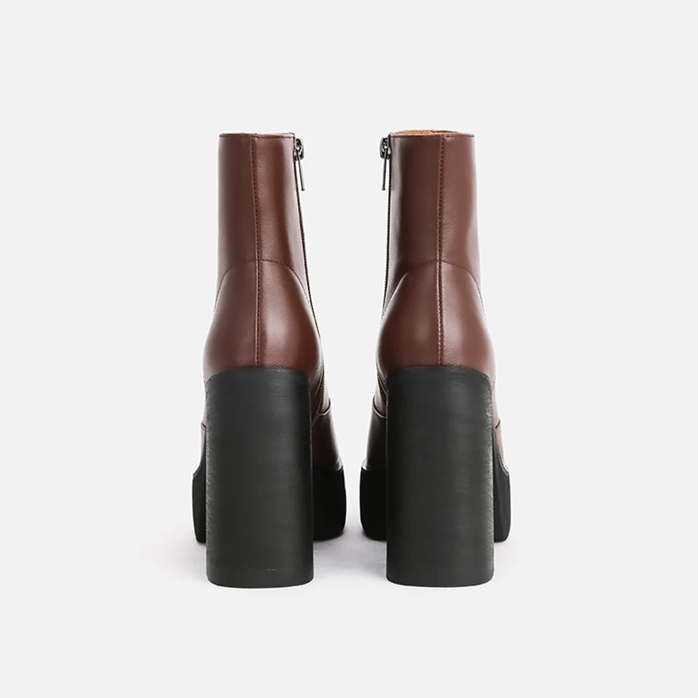 

MUMANI Woman‘s Boots Super High Brown Genuine Leather Retro Thin Increase Modern Shoes Square Heel Platform ANKLE Boots