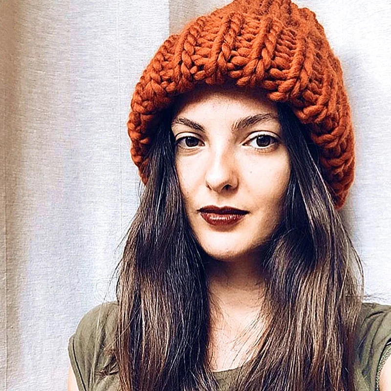 

Women Winter Knitted Beanies Hat Thick Soft Warm Coarse Large Knitted Solid Hat Female Bonnet Beanies Hat Cap