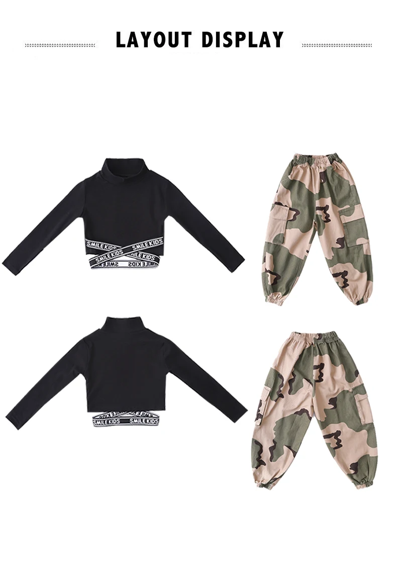 Hip Hop Dance Costumes Crop Cross Top Coat Camouflage Pants Girls Jazz Clothing Children Street Dancing Stage Performance Wear (15)