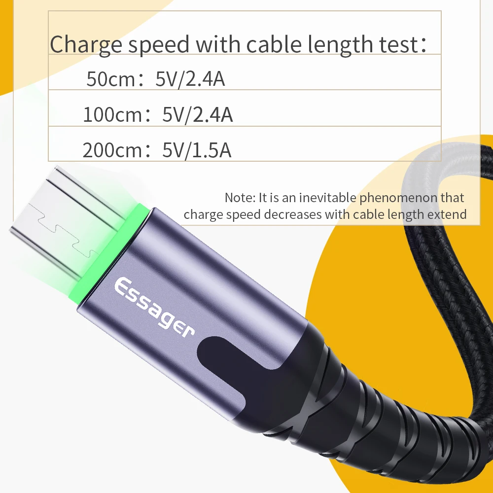 Essager светодиодный Micro USB кабель для быстрой зарядки и передачи данных провод шнур 1m 2m зарядное устройство через Micro USB кабель для samsung Xiaomi LG Android мобильного телефона
