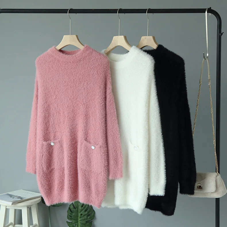 

Mooirue Winter Women Warm Long Sweater Mohair Loose Casual Streetwear Pockets Long Sleeve O Neck Vintage Pullover Sweater