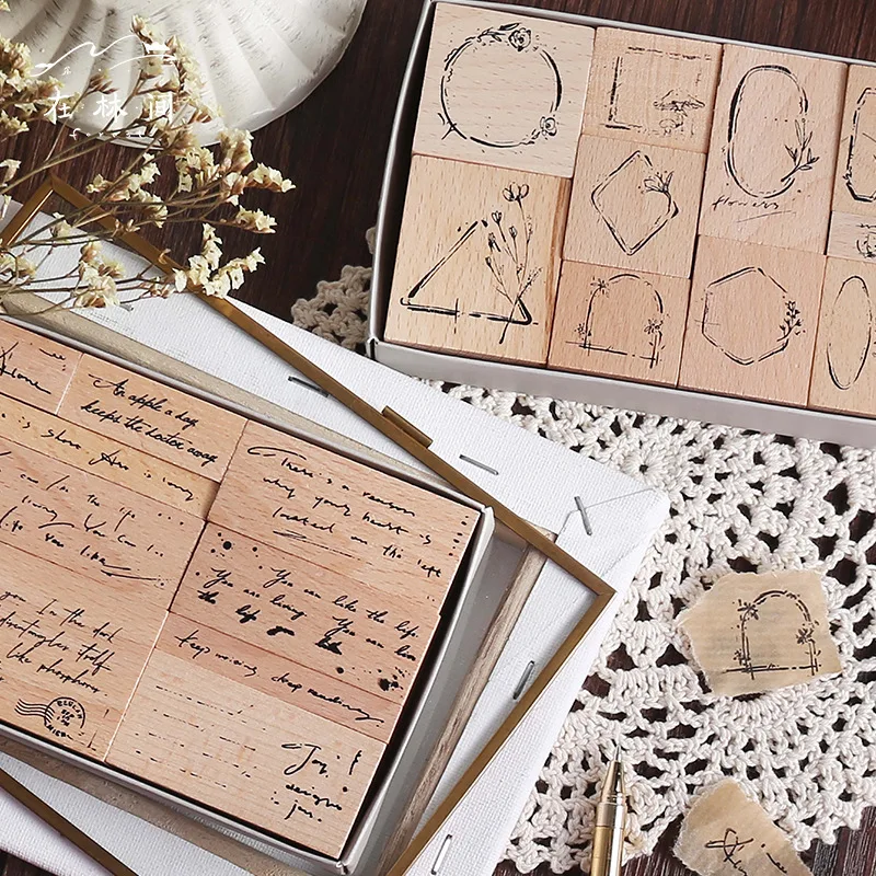 

Flower and Poetry Series Seal Set Retro English Frame Handbook Diy Font Log Seal Standard Stamp for Self-Made Wooden Rubber