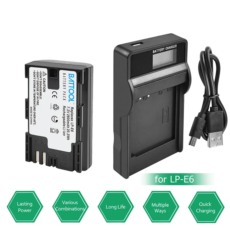 BATTOOL LP-E6 LP E6 батарея зарядное устройство комплект 2600 мАч 7,2 В для камеры Canon 7D Mark II для EOS 60D 70D 80D для EOS 5D Mark II