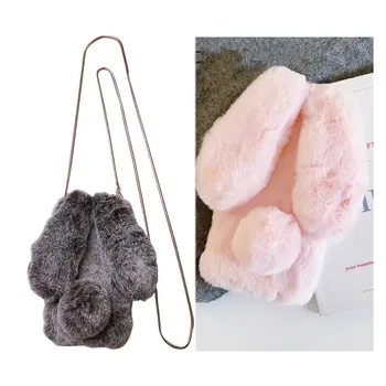 

For Xiaomi Redmi Note 3 4 4X 5 5A Note 6 7 8 T Pro Cover Metal Lanyard chain Soft fur Full Rabbit 's hair phone Case