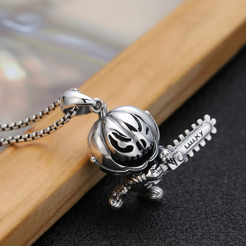 

National standard S925 sterling silver Halloween pumpkin retro hipster necklace pendant