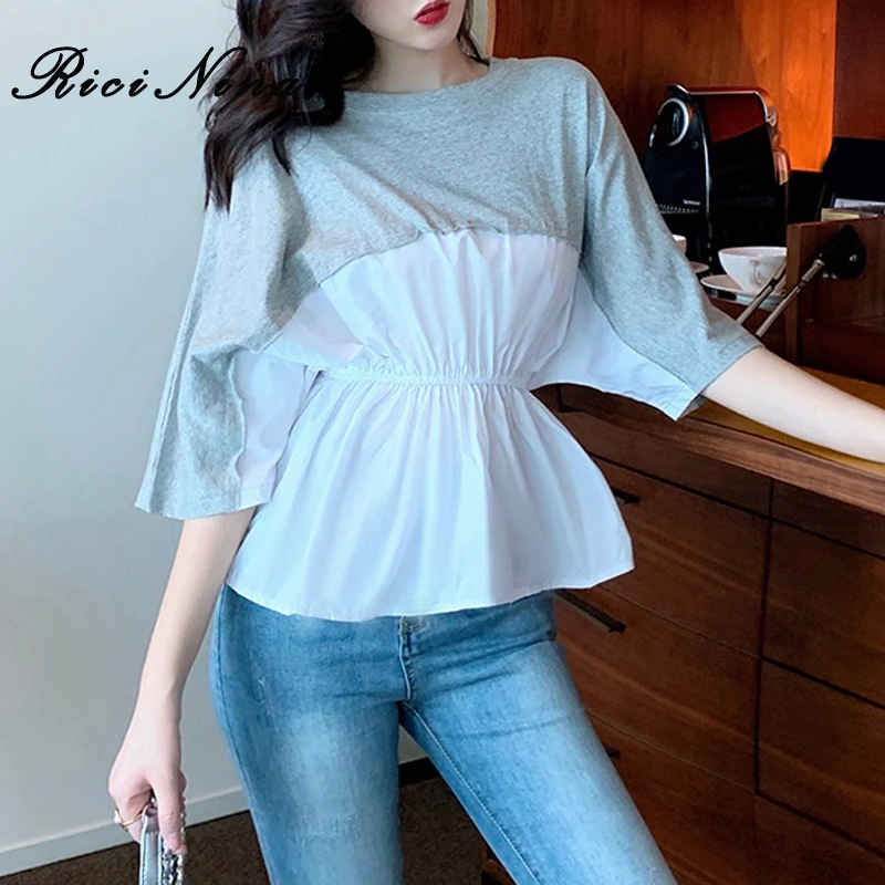 

RICININA Women T Shirt Femme O-Neck Half Batwing Sleeve Patchwork Autumn Elegant Black And White T-Shirt Feminina Mujer Wear