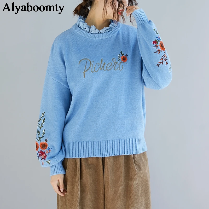 Fall Winter Women Elegant Pullover Black Blue Oversized Vintage Knitted Sweater Korean Floral Embroidery Wool | Женская одежда