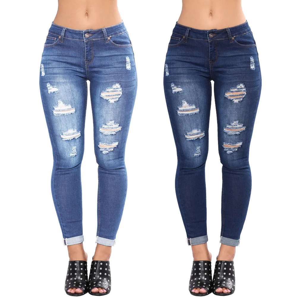 

Hot Sell Popular Woman Jeans Sexy Slim Holed Ripped Bleached Stretchy Denim Pencil Pants Stylish Jeans Women Ankle-Length Jeans