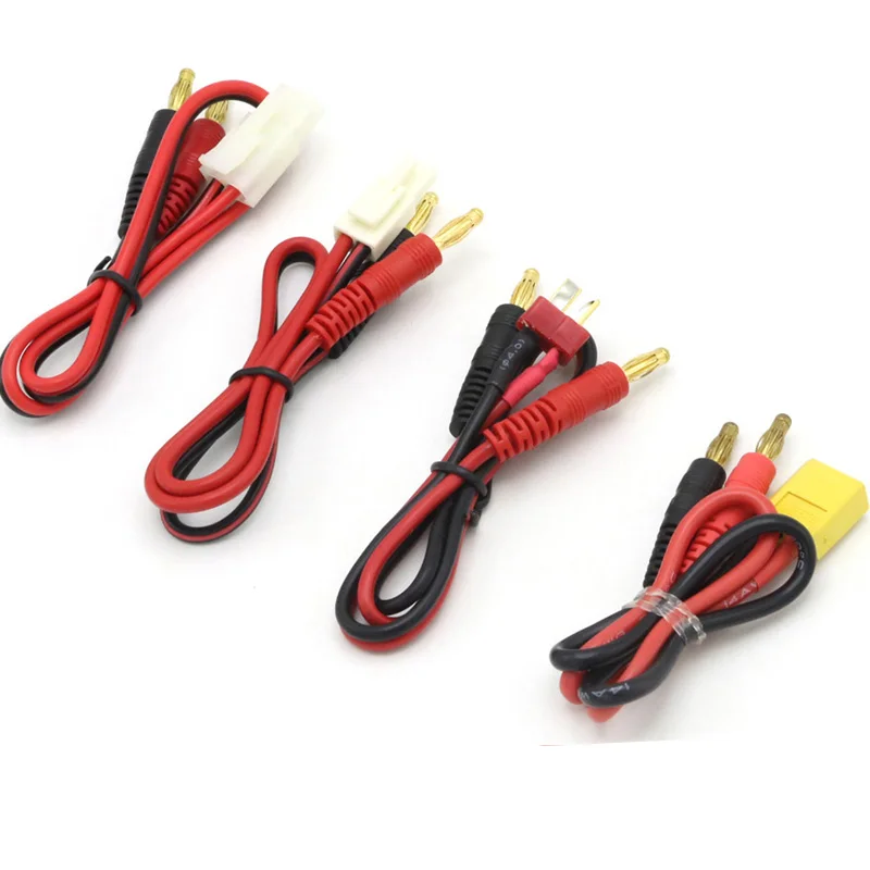 Câble adaptateur batterie RC T Plug XT60 Tamiya vers banane 22cm posé à plat sur fond blanc