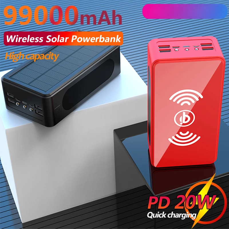 99000mAh Solar Power Bank Wireless Portable Charging Super Large Capacity Power Bank Fast Charging External Battery with 4USB powerbank 40000mah