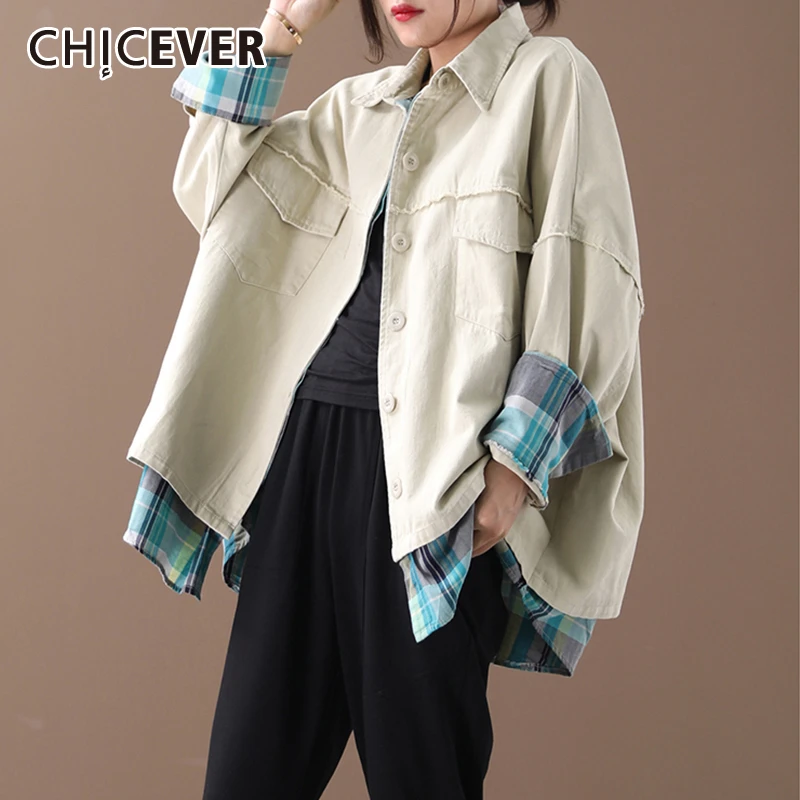 Finest  CHICEVER Korean Patchwork Hit Color Women's Jacket Lapel Collar Long Sleeve Oversized Loose Coat Fe
